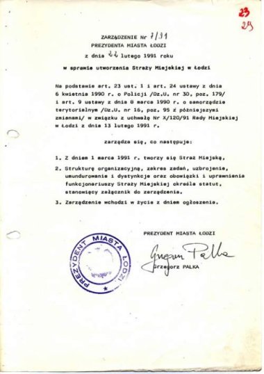 Oryginalny dokument powołujący do życia Straż Miejską w Łodzi 